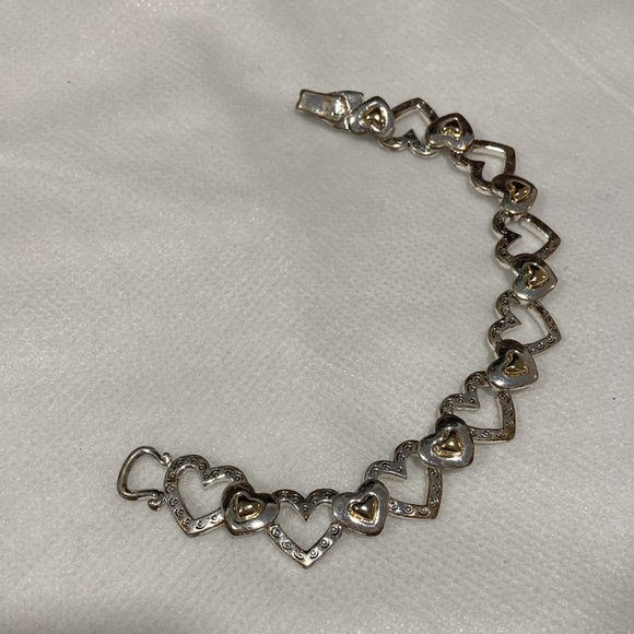 Silvertone Open Heart Link & Heart Goldtone Spacer Magnetic Clasp Bracelet - Picture 5 of 13